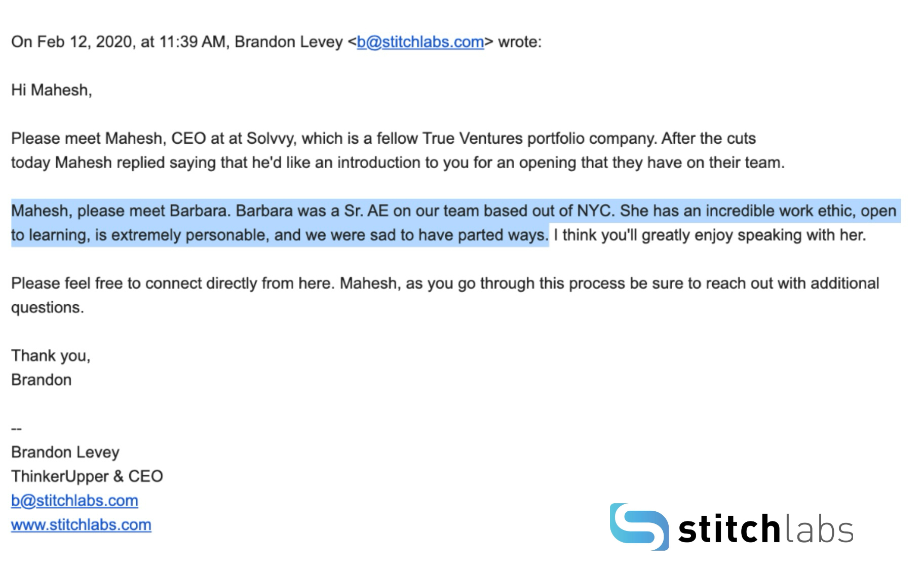 Brandon Levey email introducing Barbs to another CEO
